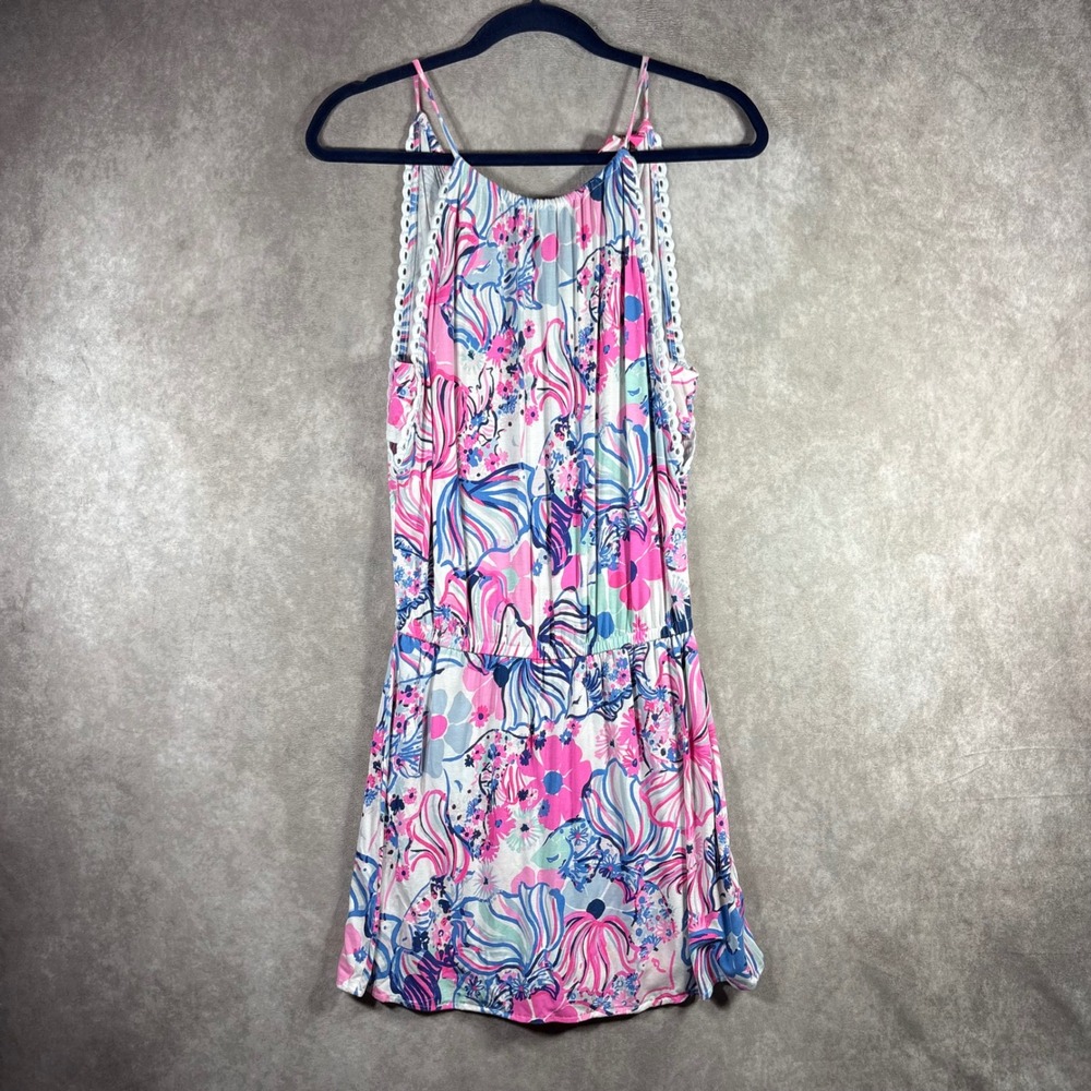 Lilly Pulitzer Romper Women XS‎ Pink Donna Floral Sleeveless Crochet Trim Resort